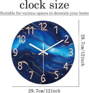 Small Wall Clocks Battery Operated 12 Inch Blue Marble Wall Clock for Kitchen Glass Analog Silent Wall Clock Non Ticking by CozyNest Decor