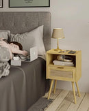 Rattan Nightstand,Modern Bedside Table with Storage Drawer and Open Wood Shelf, for Living Room, Bedroom and Small Spaces, Accent Night Stand with Solid Wood Legs, Easy Assembly,(Oak)