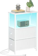 TUTOTAK Small Narrow LED End Table with Charging Station, Side Table Outlets, Nightstand with 2 Cloth Drawers, Couch Table, for Living Room, Bedroom, Bedside, White TB01BW085L by CozyNest Decor