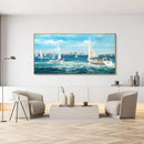 XLSJERST Large Blue Canvas Wall Art Seascape Painting - Landscape Picture Textured Navy Modern Sailboat Ocean Artwork Framed for Living Room Bedroom Bathroom Home Office Wall Decor Large Size 24"x48" by CozyNest Decor