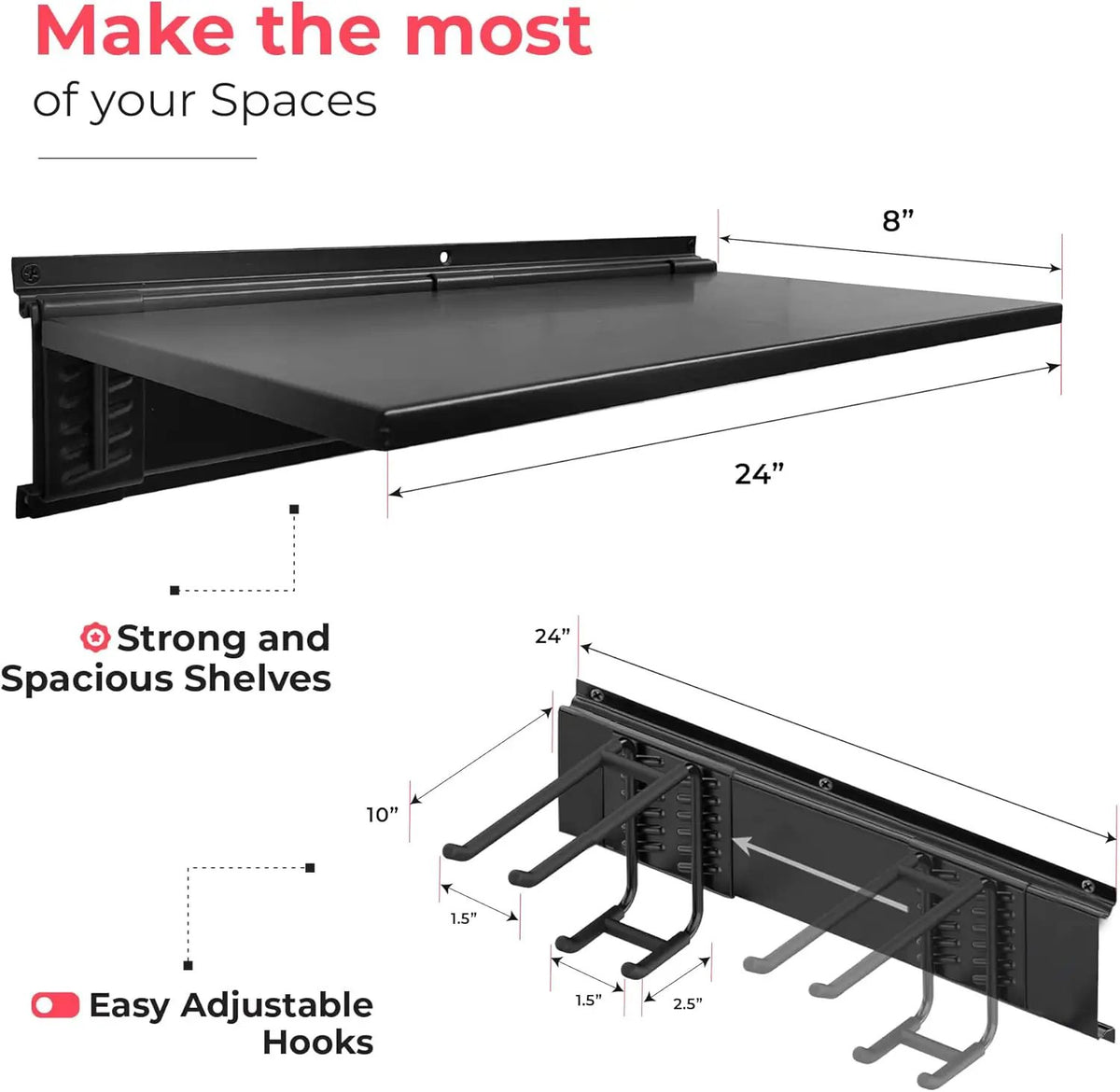Heavy-Duty Garage Wall Storage System | Wall Mounted Tool Organizer Rack with Shelving | 12-Piece Mounting Kit | 6x10” Double-Layered Hooks & 2x24” Floating Utility Shelves, photo 4 of 6