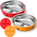 Nuogo 2 Pcs Stainless Steel Baby Suction Plates with Removable Silicone Shell 2-in-1 Metal Toddler Bowl Divided for Picky Eaters Kids Feeding Led Weaning Supplies, Dishwasher Safe (Orange,Red) by TinyTreasures Baby Boutique
