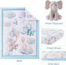 4 Piece Crib Bedding Set for Boys Girls, Infant Toddler Nursery Baby Bedding Sets Includes Cartoon Quilt, Fitted Crib Sheet, Crib Skirt and Plush Elephant Toy by TinyTreasures Baby Boutique
