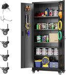 Metal Storage Cabinet with Wheels, Pegboard and 4 Hooks, 73" H Garage Storage Cabinet with 4 Adjustable Shelves and 2 Lockable Doors for Garage Home Office Warehouse, Black, Assembly Required by GreenHaven Gardens