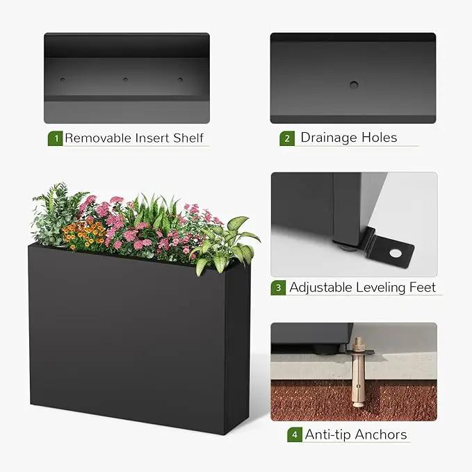 Stoog 38" Metal Tall Rectangular Planter - All-Weather Planter Box for Indoor/Outdoor Use, with Removable Insert Shelf, and Modern Design for Plants, Flowers, Garden, Black, photo 6 of 9