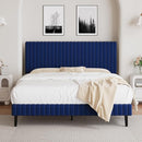 Queen Size Bed Frame with Headboard, Velvet Upholstered Platform Bed with Vertical Channel Tufted Design, No Box Spring Required, Easy Assembly, Blue by CozyNest Decor