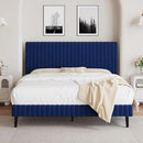 Full Size Bed Frame, Velvet Upholstered Platform Bed with Vertical Channel Tufted Headboard and Footboard, No Box Spring Required, Easy Assembly, Blue by CozyNest Decor