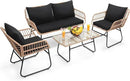 Kromax 4 Piece Patio Bistro Outdoor Furniture Set, Wicker Sofa, 2 Rattan Chairs, and Table, Backyard Conversation Set, All Weather Cushions, Natural Rattan Black Cushion by CozyNest Decor