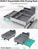 SUNLY Large Dish Drying Rack, Expandable Dish Racks for Kitchen Counter, Space Saving 304 Stainless Steel Drying Rack Kitchen, Extra Large Drainer with Multifunctional Flip Up Pegs, Gray by CozyNest Decor