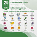 Organo Republic 20 Edible Flower Seeds Variety Pack- Indoor/Outdoor. 7000+ Non-GMO Heirloom: Borage, Bergamot, Nasturtium, Chives, Cape Daisy, Hyssop, Zinnia Seeds & More by GreenHaven Gardens