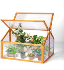 VINGLI Cold Frame Greenhouse, Mini Wooden Green House with Flip-Top Roof, Raised Flower Planter Shelf, Small Lockable Wood Cabinet for Plants Indoor Outdoor (Yellow, 35.43" x 30.71" x 23.23") by GreenHaven Gardens