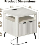 Nightstand with Charging Station, 24" End Table Side Table with Open Shelf, Modern Large Wood Fluted Bedside Cabinet for Bedroom, Living Room, White by CozyNest Decor