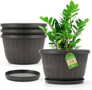 Quarut 10 inch Plastic Flower Pots for Outdoor Plants，4 Pack Large Outdoor Planter Pot with Drainage Holes & Saucers，Imitation Wine Barrel Design，for Indoor Outdoor Garden Plants（Brown） by CozyNest Decor