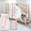 Custom Name Crib Bedding Set - Bohemian Flowers Design, Personalized Baby Nursery Bedding 3-Piece Set– Soft Blanket, Fitted Sheet, Changing Pad Cover – for Newborns Girls Nursery Gifts by TinyTreasures Baby Boutique