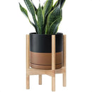 D'vine Dev Ceramic Planter with Natural Stand - 10 Inch Modern Round Flower Pot with Wood Planter Holder, Black/Speckled Tan, 55-B-K-7 by GreenHaven Gardens