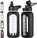 32 oz Glass Water Bottle with Straw and Handle, Sports Motivational Water Flask with Silicone Sleeve, Large Leakproof Water Flask Cup with Time Marker for Travel, Gym, Black by CozyNest Decor