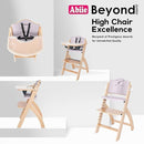 Abiie Beyond Junior Wooden High Chair with Tray - Adjustable and Convertible High Chair for Babies and Toddlers - 6 Months to 250 Lb - Water Resistant - Natural Wood with Lilac Cushion by TinyTreasures Baby Boutique