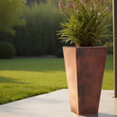 Worth Garden 12" Dia x 28" H Large Metal Planter Set of 2, Matte Bronze Retro Finish Tall Square Tapered Steel Plant Pots, Decor Flower Pots Indoor & Outdoor, Drainage Hole & Dual-Purpose Plant Saucer by CozyNest Decor