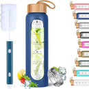 Aqulea Glass Water Bottles 25 Oz with Silicone Sleeve - BPA Free Reusable Wide Mouth Glass Motivational Water Bottles with Fruit Infuser – Leak Proof Borosilicate Water Bottle with Time Marker (Blue) by CozyNest Decor