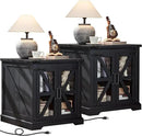 24" End Table Set of 2 with Charging Station, Farmhouse Night Stand with Glass Barn Door, Nightstands with Adjustable Storage Shelf, Large Wood Square Bed Side Table for Living Room,Bedroom by CozyNest Decor