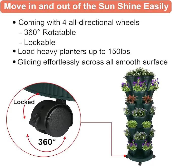 Vertical Planter 7 Tier Stackable Planters Garden Planters Strawberry Herb Flower and Vegetable Planter Indoor Outdoor Gardening Pots with Removable Wheels and Tools 2-Pack, photo 6 of 9