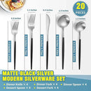 Matte Black Silver Silverware Set for 4,Modern Stainless Steel Brushed Cutlery Set,20-Pieces Heavy Duty Flatware Set,Knives Spoons and Forks Set Utensils Set, Satin Finish, Dishwasher Safe by CozyNest Decor