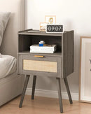 Rattan Nightstand,Modern Bedside Table with Storage Drawer and Open Wood Shelf, for Living Room, Bedroom and Small Spaces, Accent Night Stand with Solid Wood Legs, Easy Assembly(Grey Oak) by CozyNest Decor