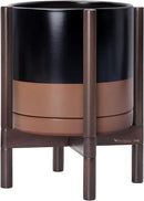 D'vine Dev Ceramic Planter with Walnut Color Stand - 12 Inch Modern Round Flower Pot with Wood Planter Holder, Black/Speckled Tan, 55-B-W-7 by CozyNest Decor