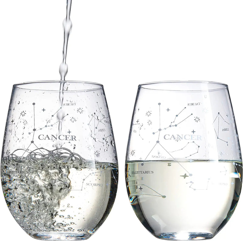 Set of 2 Zodiac Sign Wine Glasses with 2 Wooden Coasters by The Wine Savant - Astrology Drinking Glass Set with Etched Constellation Tumblers for Juice, Water Home Bar Horoscope Gifts 18oz (Cancer)
