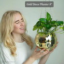 SCANDINORDICA Disco Ball Planter – Value Package: Mirror Disco Planter with Chain, Macrame Hanger and Acrylic Stand for Desk, Includes Self Watering Insert, Disco Decor | 8 inch Gold by GreenHaven Gardens