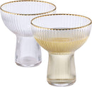 Ribbed Stemless Margarita, Martini & Champagne Glasses with Gold Rim - Set of 2 - Hand Blown Cocktail Luxury Coupe – Large Party, Elegant Ripple Design, Gilded, Premium Hand Blown Glassware (10 OZ)