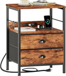 Furologee Night Stand with Charging Station, Bedside Table with Fabric Drawers, End Table with USB Ports & Outlets, Rustic Nightstand with Storage Shelf & Hooks, for Living Room/Bedroom, Rustic Brown by CozyNest Decor