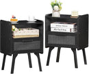 Lerliuo Rattan Nightstands Set of 2, Boho Side Table with Drawer Open Shelf, Cane Accent Bedside End Table with Solid Wood Legs for Bedroom, Dorm and Small Spaces (Black) by CozyNest Decor