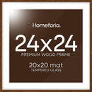 Homeforia 24x24 Picture Frame Brown, High End Dark Oak 24 x 24 Square Wood Frame with Mat 20 x 20 for Photo, 24by24 Wooden Walnut Poster Frame Matted to 20x20 Print, Tempered Glass, Wall Kit, Set of 1 by CozyNest Decor