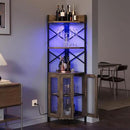 Corner Bar Cabinet with Power Outlet, 5-Tier Corner Wine Cabinet with Led Strip and Glass Holder, Industrial Tall Liquor Cabinet Bar Wine Rack for Home, Grey Oak by CozyNest Decor