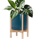 D'vine Dev Ceramic Planter with Natural Stand - 12 Inch Modern Round Flower Pot with Wood Planter Holder, Teal, 55-B-J-4 by GreenHaven Gardens