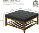 Large Square Ottoman Coffee Table, Linen Solid Upholstered Footrest Ottoman with Solid Wood Shelf Storage Tufted Coffee Table for Bedroom Living Room, Dark Gray by CozyNest Decor