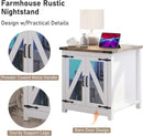 Farmhouse End Table, 24" Large Sofa Side Table with Charging Station, Mesh Barn Door, and Adjustable Storage Shelf, Rustic Wood Square Nightstand for Living Room, Bedroom, Office, White &Brown by CozyNest Decor