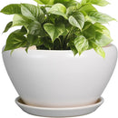 Ceramic Planter - 9 Inch Plant Pot Indoor with Drainage Hole and Saucer for Outdoor Plants Mid-Century Round Planter Modern Flower Pot for House Garden White by GreenHaven Gardens