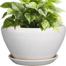Ceramic Planter - 9 Inch Plant Pot Indoor with Drainage Hole and Saucer for Outdoor Plants Mid-Century Round Planter Modern Flower Pot for House Garden White by GreenHaven Gardens
