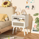 Lerliuo Rattan Nightstand, Bedside Table with Drawer Open Shelf, Cane Accent Side End Table with Solid Wood Legs, White Mid Century Night Stand for Bedroom, Dorm and Small Spaces by CozyNest Decor