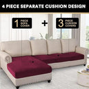 PrinceDeco Velvet Couch Covers - 4 Piece Set for Sectional Sofa (3 Seater + 1 Chaise, Burgundy) by CozyNest Decor