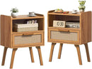 Lerliuo Rattan Nightstands Set of 2, Side Table with Drawer, Cane Accent Bedside End Table with Solid Wood Legs, Mid Century Modern Night Stand for Bedroom, Dorm and Small Spaces (Tea Brown) by CozyNest Decor
