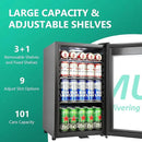 101 Cans Compressor Beverage Refrigerator, 17 Inch Drink Fridge with Glass Door, Adjustable Removable Shelves, Quiet Operation, Temp Memory, Beer Cooler for Soda, Beer, Water, Home Bar, Office