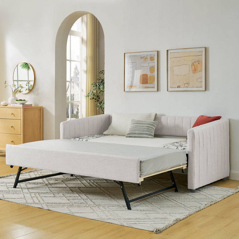 Twin Size Daybed with Trundle Upholstered Sofa Bed, with Vertical Stripes, Linen Fabric, Beige  (82.5'x43'x30')