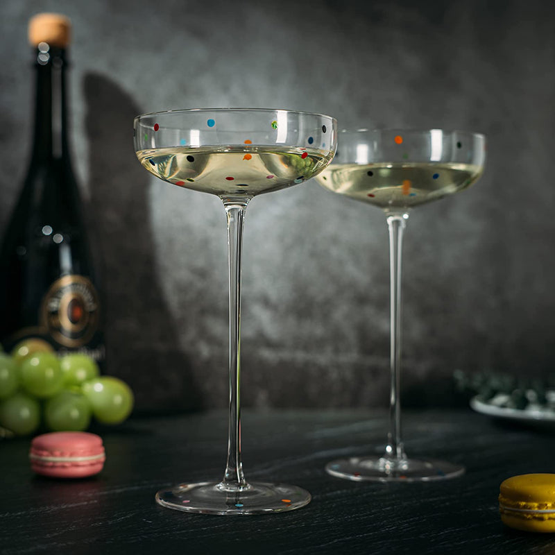 Polka Dot Champagne Coupe Glasses Set of 2 8.8 oz by The Wine Savant - Polka Dot Rainbow Colored Glasses, Cocktail Glassware, Polka Dot Gifts Damien Hirst, Gift Idea For Everyday, Weddings, Parties
