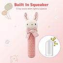Organic Cotton Stuffed Animal Rattle Baby Toys, Hand Grip Rattle Squeaker Sticks Toys, Bunny Cuddle Cloth and Ring Rattle Plush Toy Set for Newborns Infant Boys Girls, 2 PCS by TinyTreasures Baby Boutique