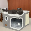 Cat Bed for Indoor Cats,Covered Cat Cave House & Furniture with Scratch Pad,Foldable Cat Hideaway Hut Cute Cat Condo with Soft Washable Mat for Multi Small Pet Under 30 lbs,Light Grey by CozyNest Decor