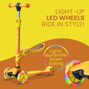 Orange 3 Wheel Scooter with Seat for Kids – Light-Up LED Wheels, Adjustable Handlebar and Seat, Smooth PU Wheels, Wide Anti-Slip Deck, Rear Foot Brake – Toddler Outdoor Toys for Ages 2+ by TinyTreasures Baby Boutique