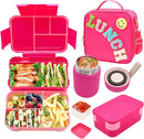 Bento Lunch Box Set for Kids with 10oz Thermo Food Jar, Leak-Proof Lunch Containers with 6 Compartment, Nylon Preppy Lunch Bag with Adjustable Strap for Girls School Travel Picnic by TinyTreasures Baby Boutique